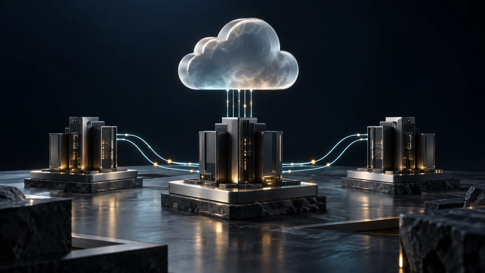 Conceptual illustration of a cloud above connected islands of computing infrastructure.