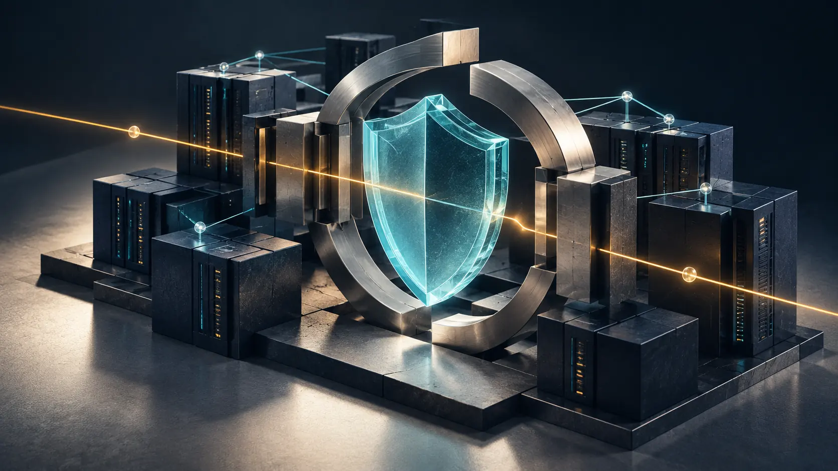Conceptual illustration of layered digital defenses and connected infrastructure.