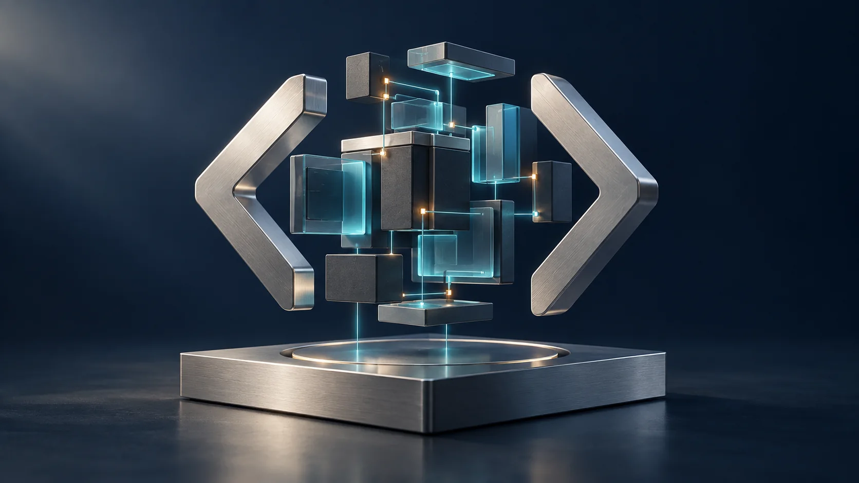 Conceptual illustration of code brackets surrounding connected modular computing blocks.
