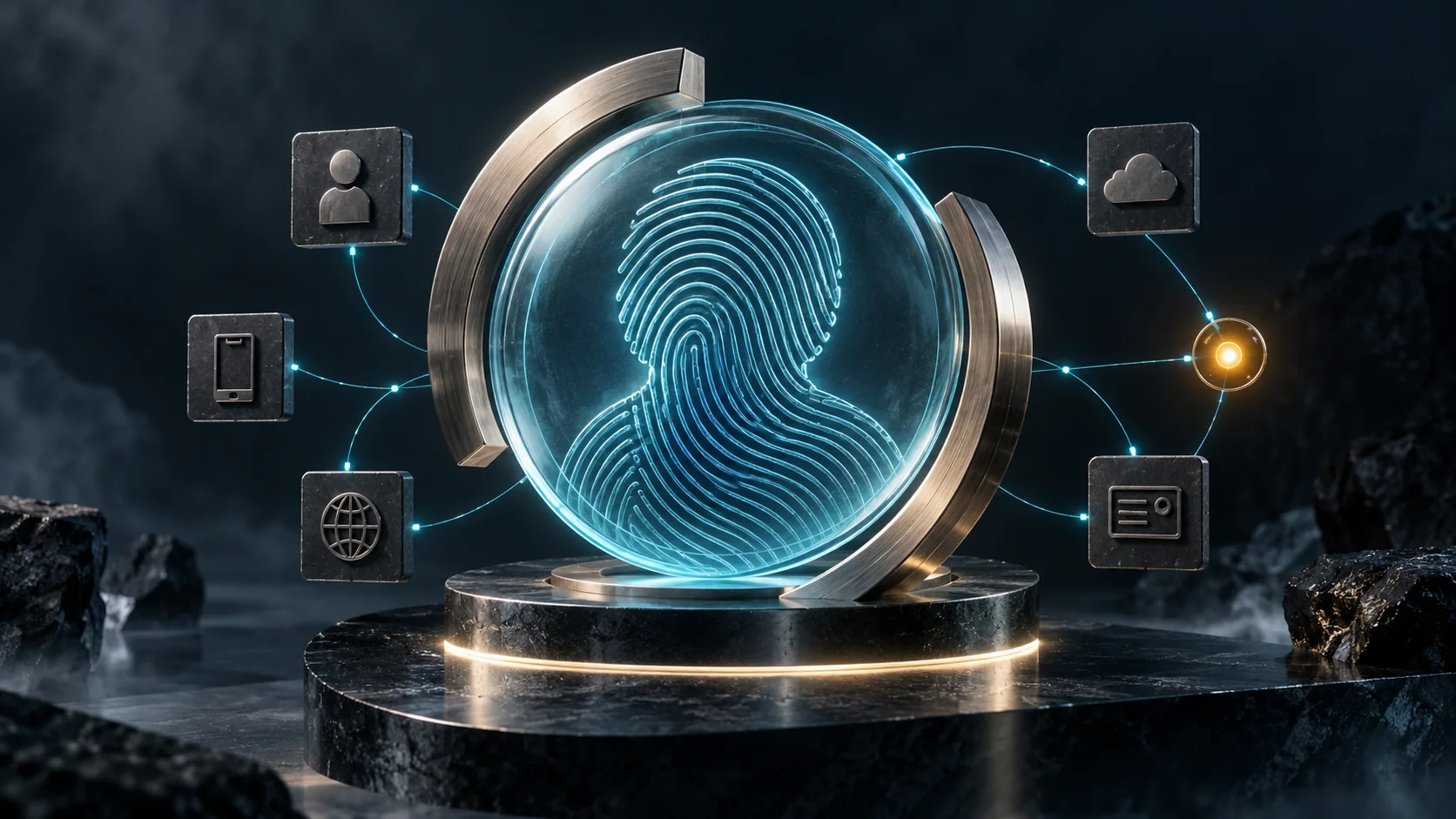 Conceptual illustration of a glass identity medallion with fingerprint-like lines and connected data symbols.