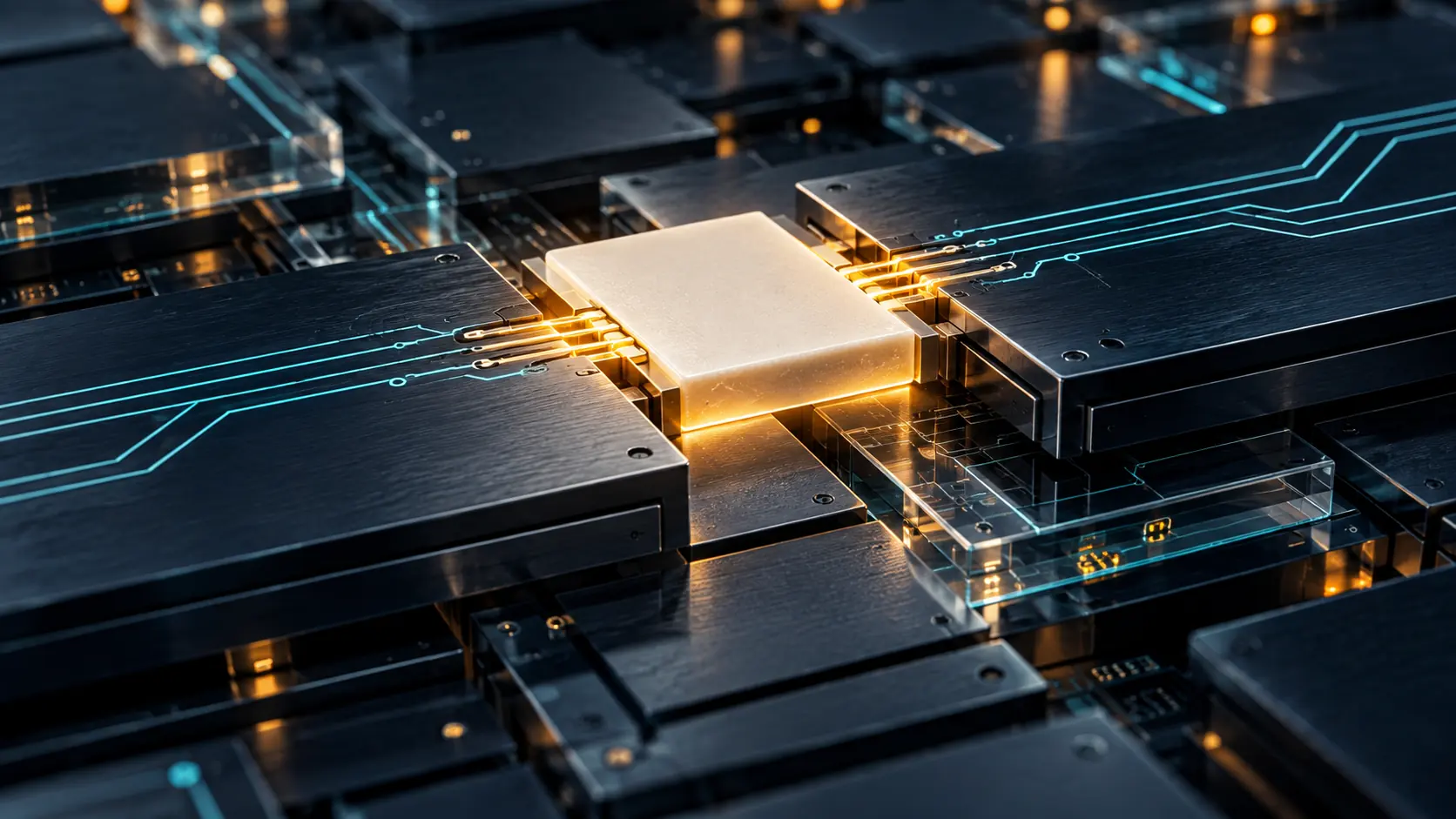 Conceptual illustration of a repaired computing layer with an illuminated seam and connected circuitry.